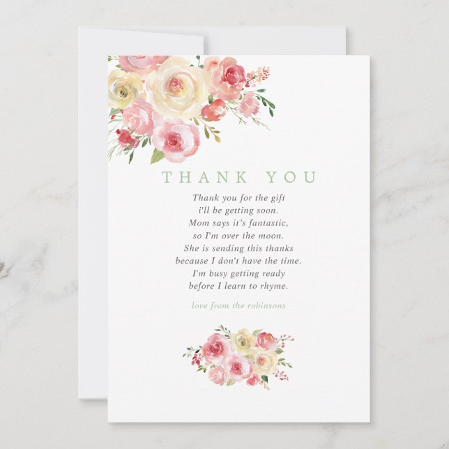 Blush and Sage Floral Baby Shower Thank You Card (Front)