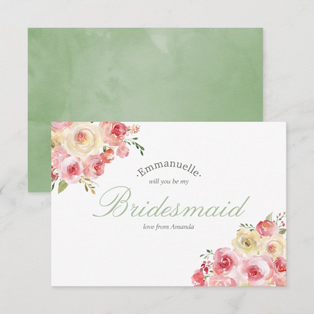 Blush and Sage Floral Wedding Be my Bridesmaid Invitation (Front/Back)