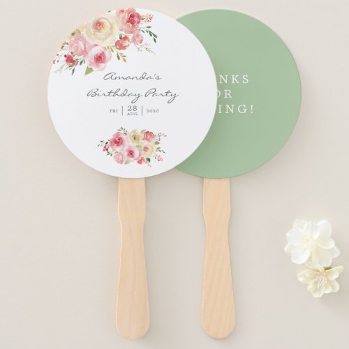 Blush and Sage Green Floral Birthday Party Hand Fan