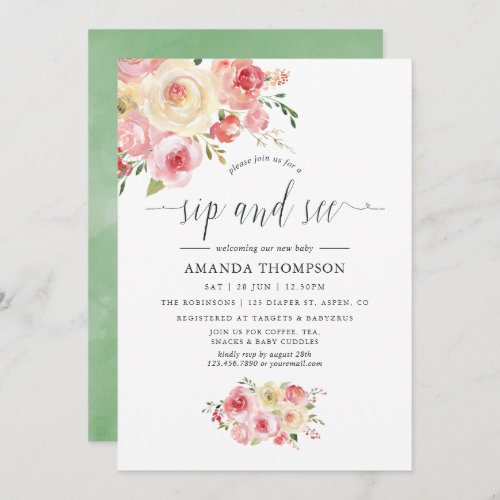 Blush and Sage Green Floral Sip and See Invitation
