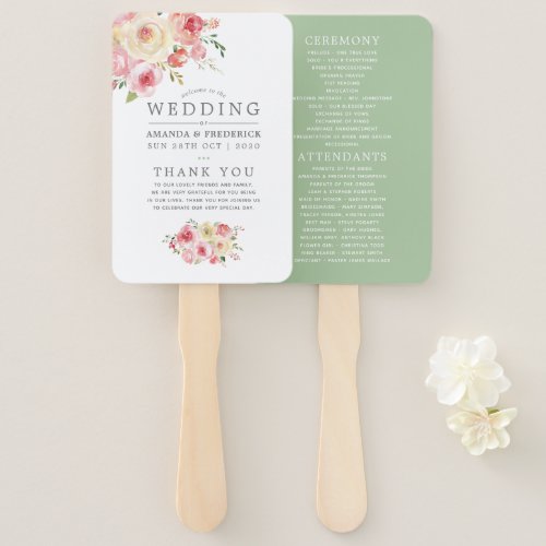 Blush and Sage Green Floral Wedding Program Hand Fan