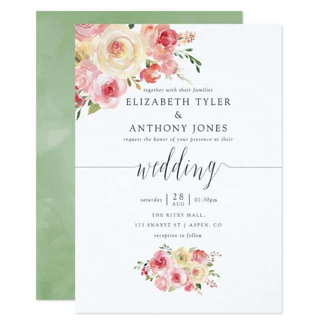Blush and Sage Green Watercolor Floral Wedding Invitation