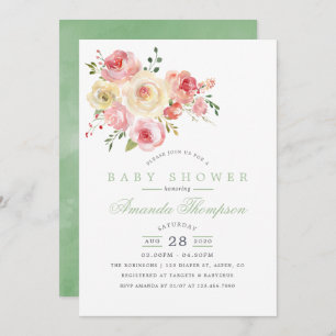 Blush and Sage Watercolor Floral Baby Shower Invitation