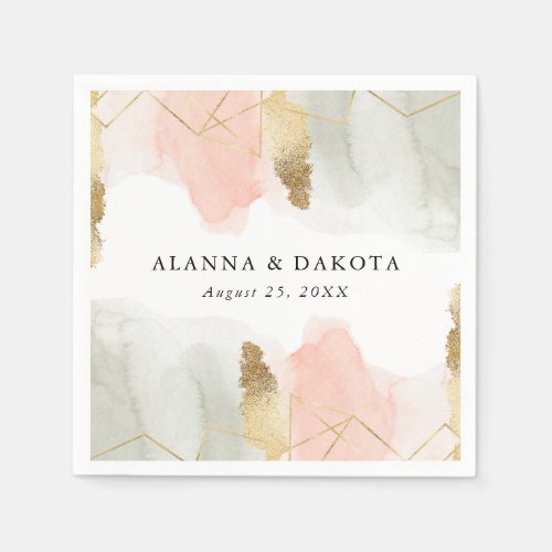 Blush and Sage Watercolor Gold Geometric Wedding Napkins