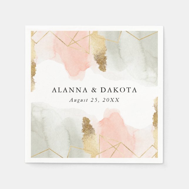 Blush and Sage Watercolor Gold Geometric Wedding Napkins (Front)