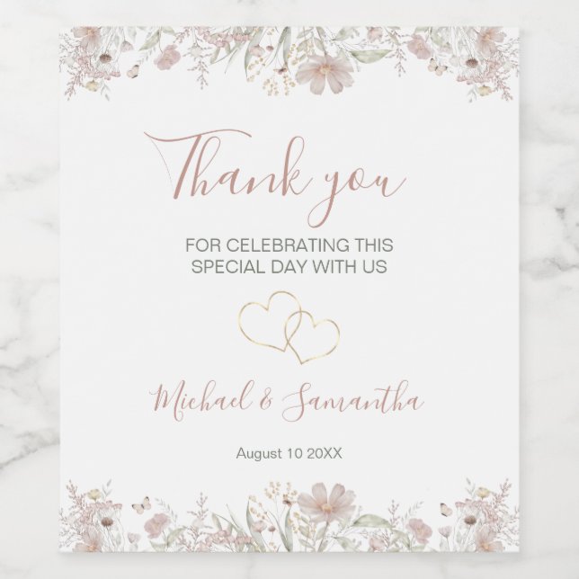 Blush and Sage Wildflower Spring Wedding Wine Label (Single Label)
