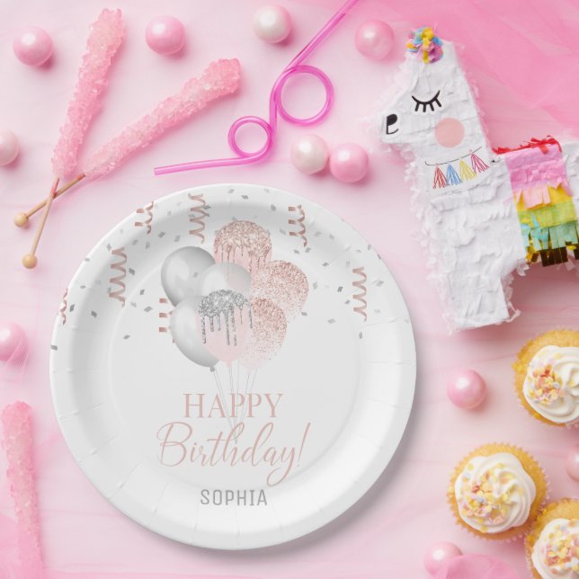 Blush and Silver Balloons Birthday  Paper Plates (Party)