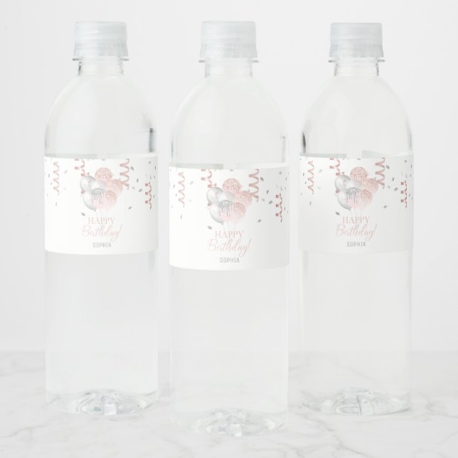 Blush and Silver Balloons Birthday  Water Bottle Label (Bottles)