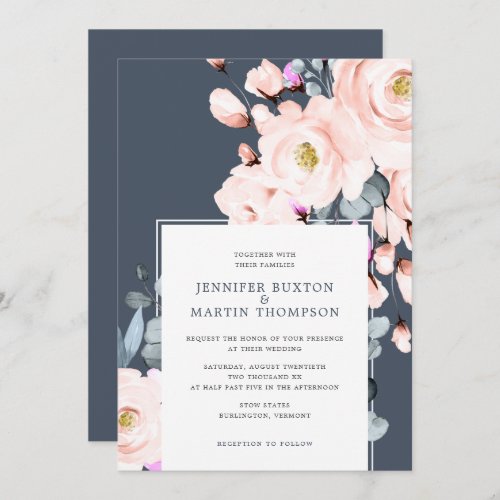 Blush and Smoky Navy Watercolor Floral Wedding Invitation