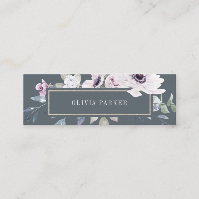 Blush and Soft Violet Floral on Dark Gray Mini Business Card (Front)