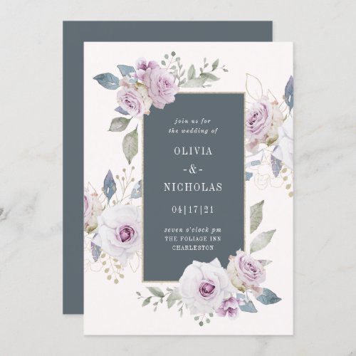 Blush and Soft Violet Floral with Gray  Weddding Invitation