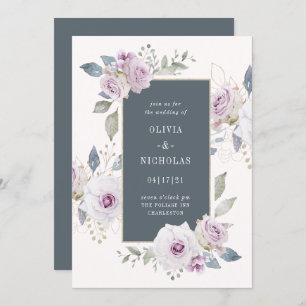 Blush and Soft Violet Floral with Gray Weddding Invitation