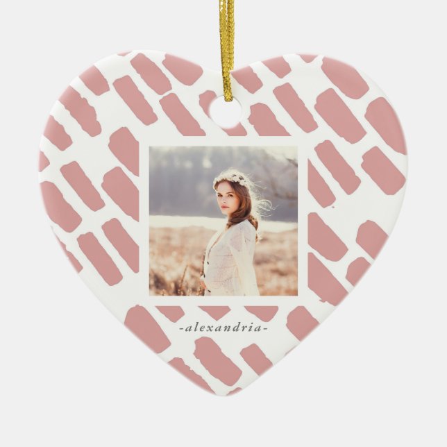 Blush and White Brush Strokes with Photo and Name Ceramic Ornament (Front)