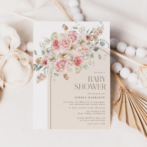 Blush and White Floral Arch Baby Shower  Invitation