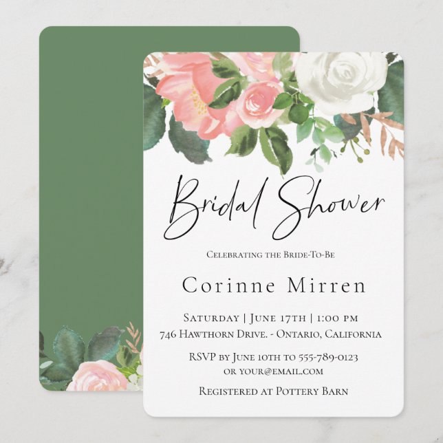 Blush and White Floral Bridal Shower Invitation (Front/Back)