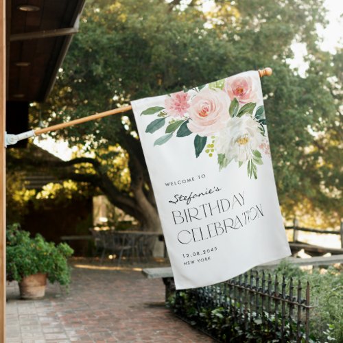 Blush and White Floral Garden Birthday Party House Flag