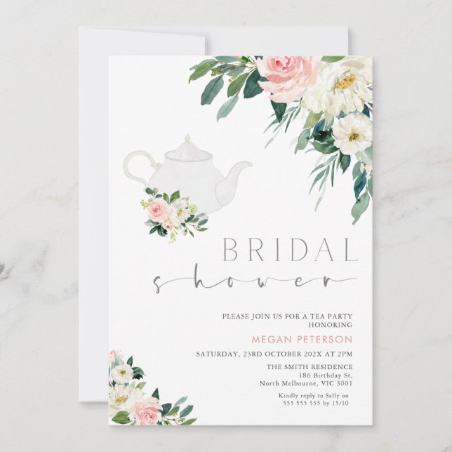 Blush And White Floral Tea Party Bridal Shower Invitation (Front)