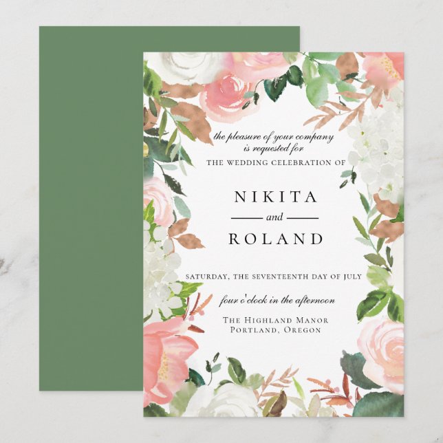 Blush and White Floral Wedding Invitation (Front/Back)