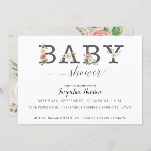 Blush and White Florals Wood  Girl Baby Shower Invitation