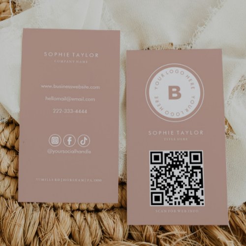 Blush and White Minimalist Vertical Qr Code Business Card