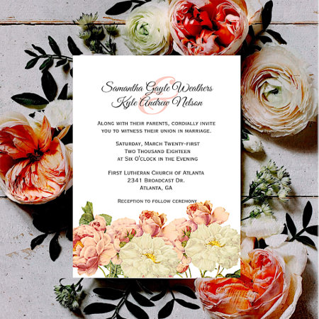 Blush And White Old Roses Wedding Invitation
