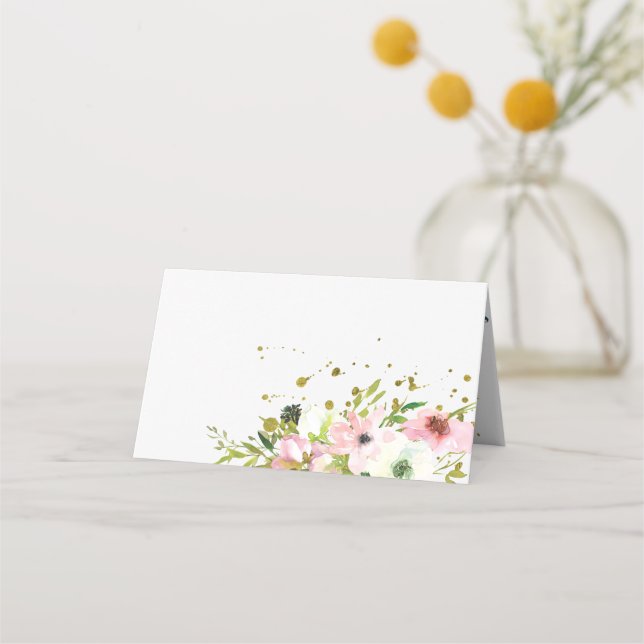 Blush and white roses with gold splashes wedding place card (Front)