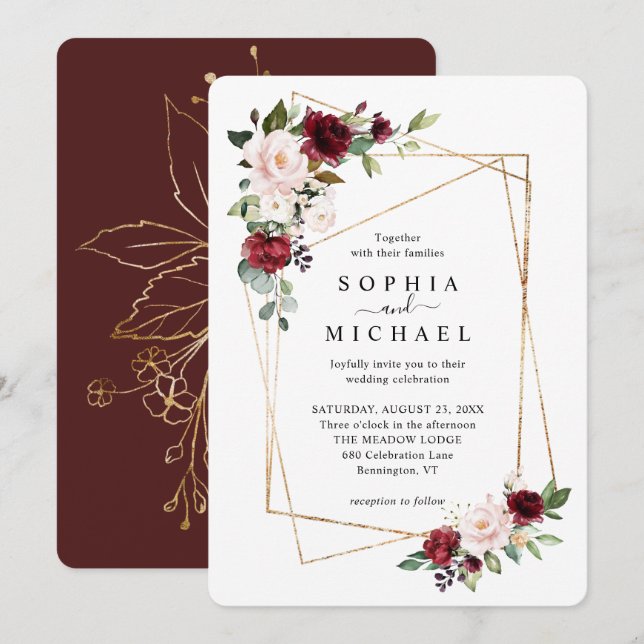 Blush and Wine Floral Gold Geometric Shape Wedding Invitation (Front/Back)