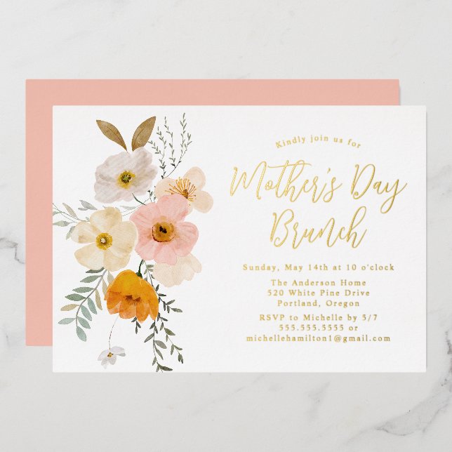 Blush and Yellow Floral Mother's Day Brunch Foil Invitation (Front/Back)