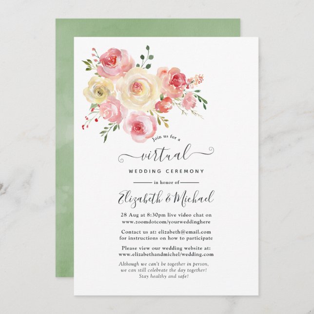 Blush and Yellow Pastel Floral Virtual Wedding Invitation (Front/Back)