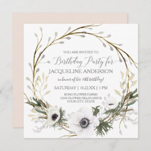 Blush Anemone Twig Fern Eucalyptus Birthday Party Invitation