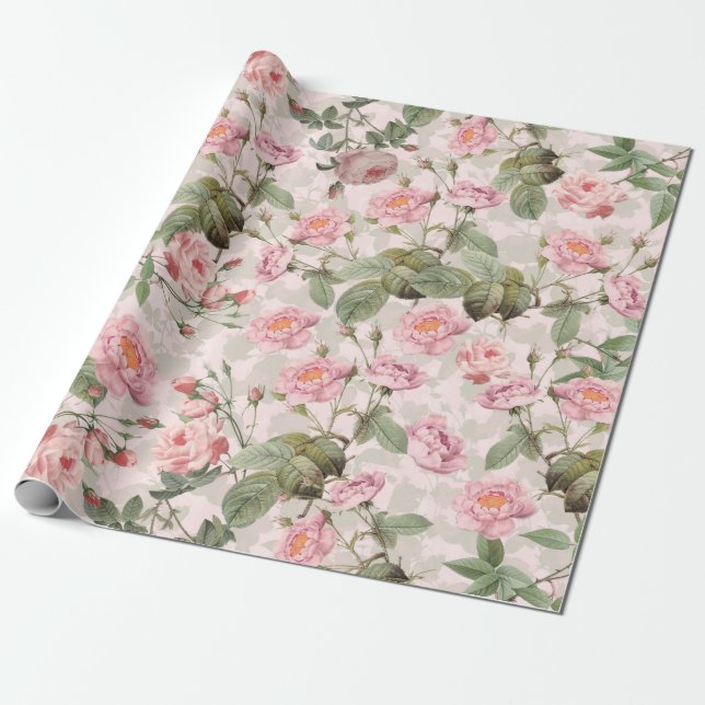Blush Antique Redouté Roses Branch on pink pattern Wrapping Paper (Unrolled)