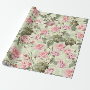 Blush Antique Redouté Roses on green pattern Wrapping Paper