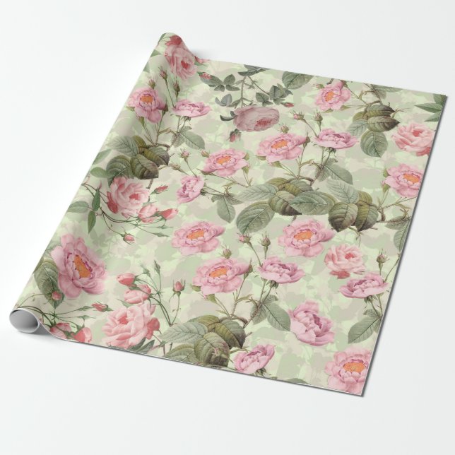 Blush Antique Redouté Roses on green pattern Wrapping Paper (Unrolled)