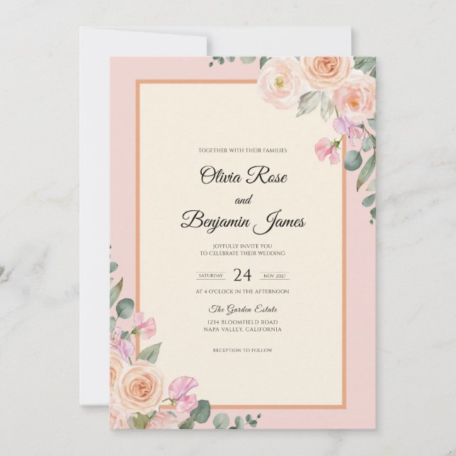 Blush Apricot Leaf Wedding Invitation (Front)