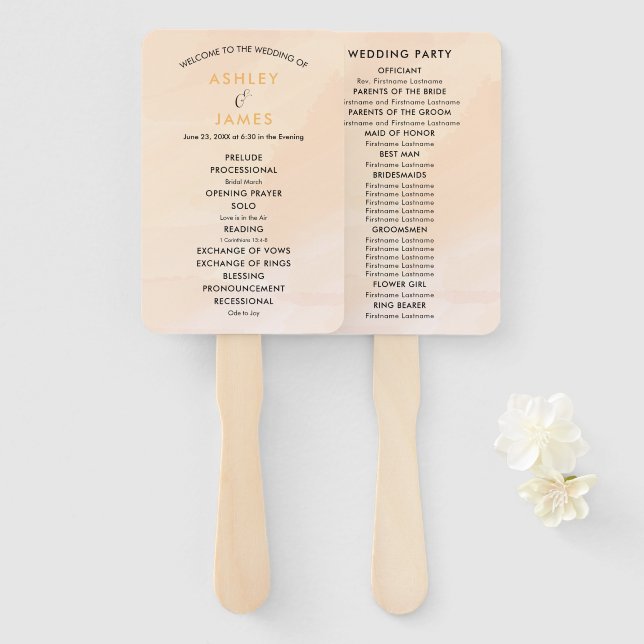 Blush Apricot Wedding Program Fan, Soft Peach Hand Fan (Front and Back)