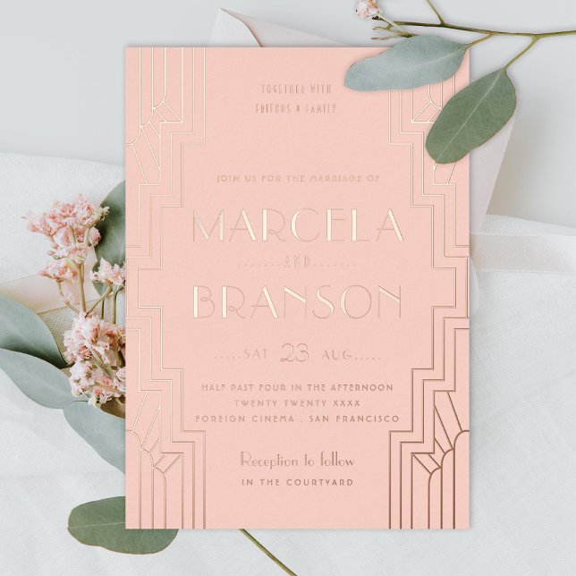 Blush Art Deco Ironwork Rose Gold Wedding Foil Invitation (Creator Uploaded)