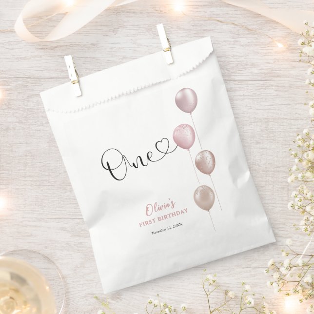 Blush Balloons Girl First Birthday Favor Bag (Clipped)
