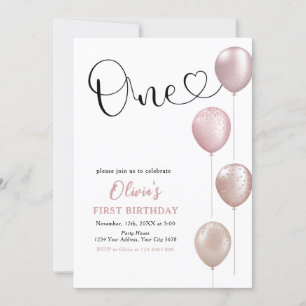 Blush Balloons Girl First Birthday Invitation