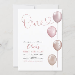 Blush Balloons Girl First Birthday Invitation