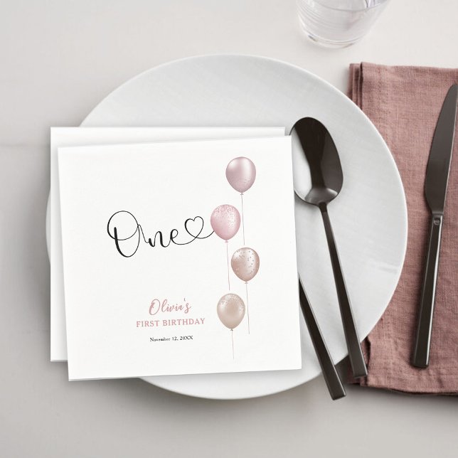 Blush Balloons Girl First Birthday Napkins (Creator Uploaded)