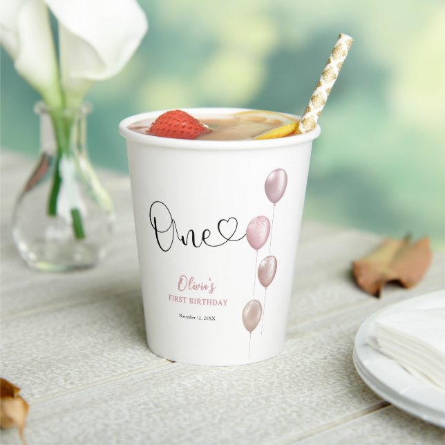 Blush Balloons Girl First Birthday Paper Cups (Insitu)
