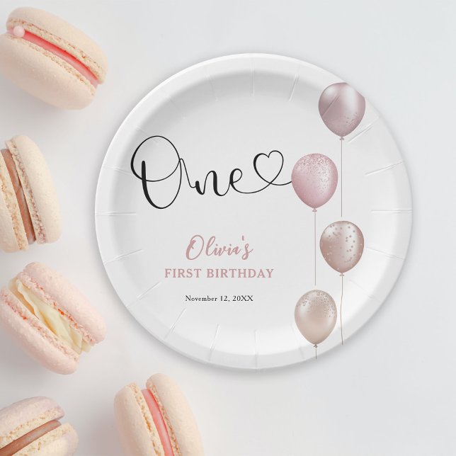 Blush Balloons Girl First Birthday Paper Plates (Creator Uploaded)