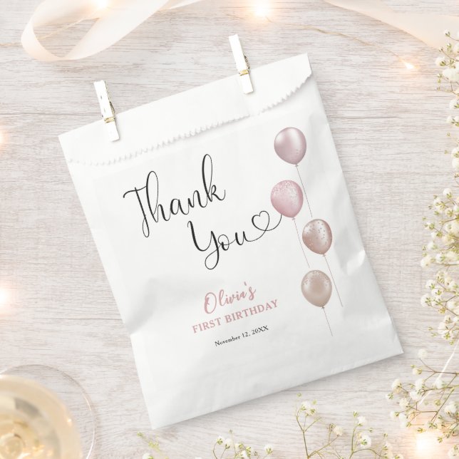 Blush Balloons Girl First Birthday Thank You Favor Bag (Clipped)