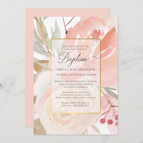 Blush Baptism Pink Cream and Gold Floral Invitation