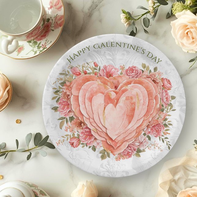 Blush Baroque Rococo Floral Heart Galentine   Paper Plates (Creator Uploaded)