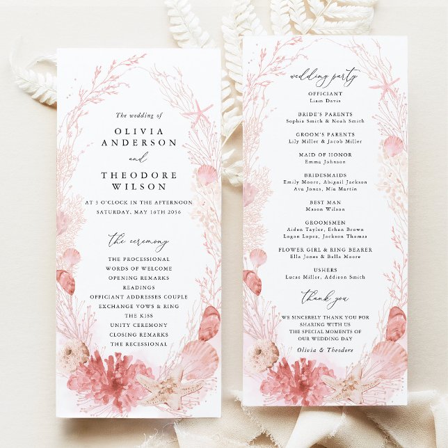 Blush Beach Coastal Seashell Wedding Ceremony Program (Blush beach coastal wedding program ceremony timeline wedding party cards pink seashell stationery)