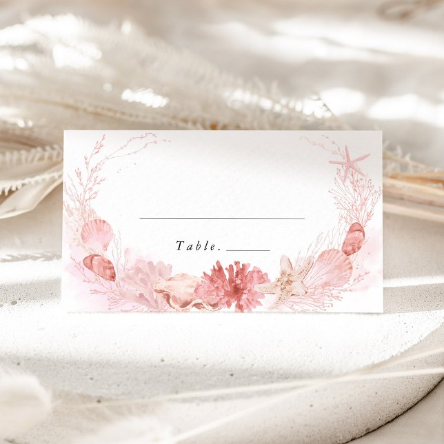 Blush Beach Coastal Seashell Wedding Name Place Card (Coastal Blush Seashell Wedding Place Card Beach Wedding Decor Destination Wedding Escort Name Card)