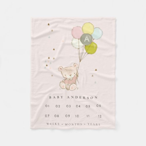 Blush Bear Balloon Girly Monogram Baby Milestone Fleece Blanket
