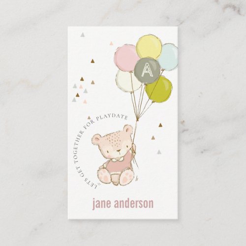 Blush Bear Balloon Monogram Kids Playdate Calling Business Card