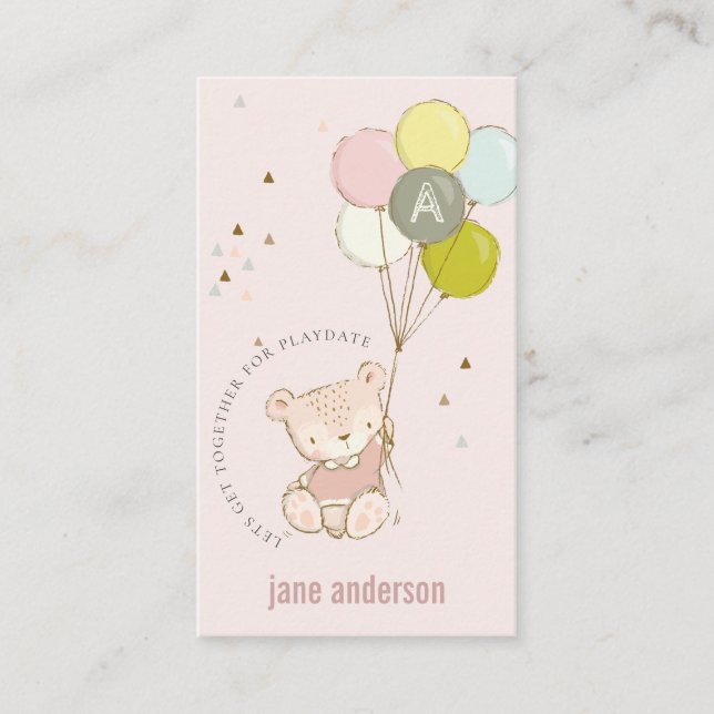 Blush Bear Balloon Monogram Kids Playdate Calling Business Card (Front)